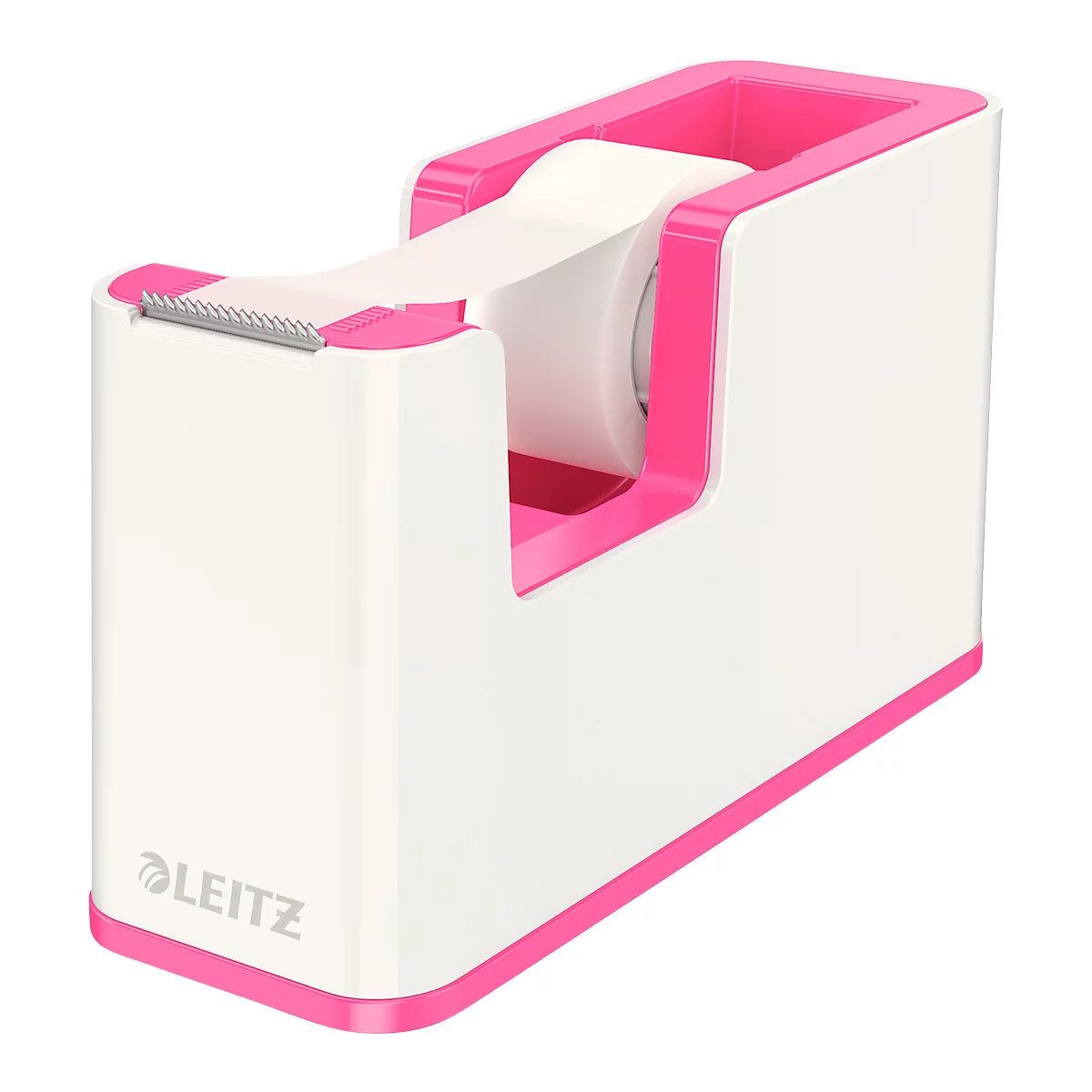 Weißer und pinkfarbener Klebebandabroller mit Klebeband. Das Leitz Logo ist sichtbar.