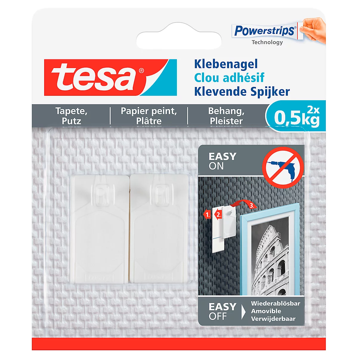 Klebenagel tesa®, für Tapete & Putz, Haftkraft bis 0,5 kg, ablösbar, 2 Stück
