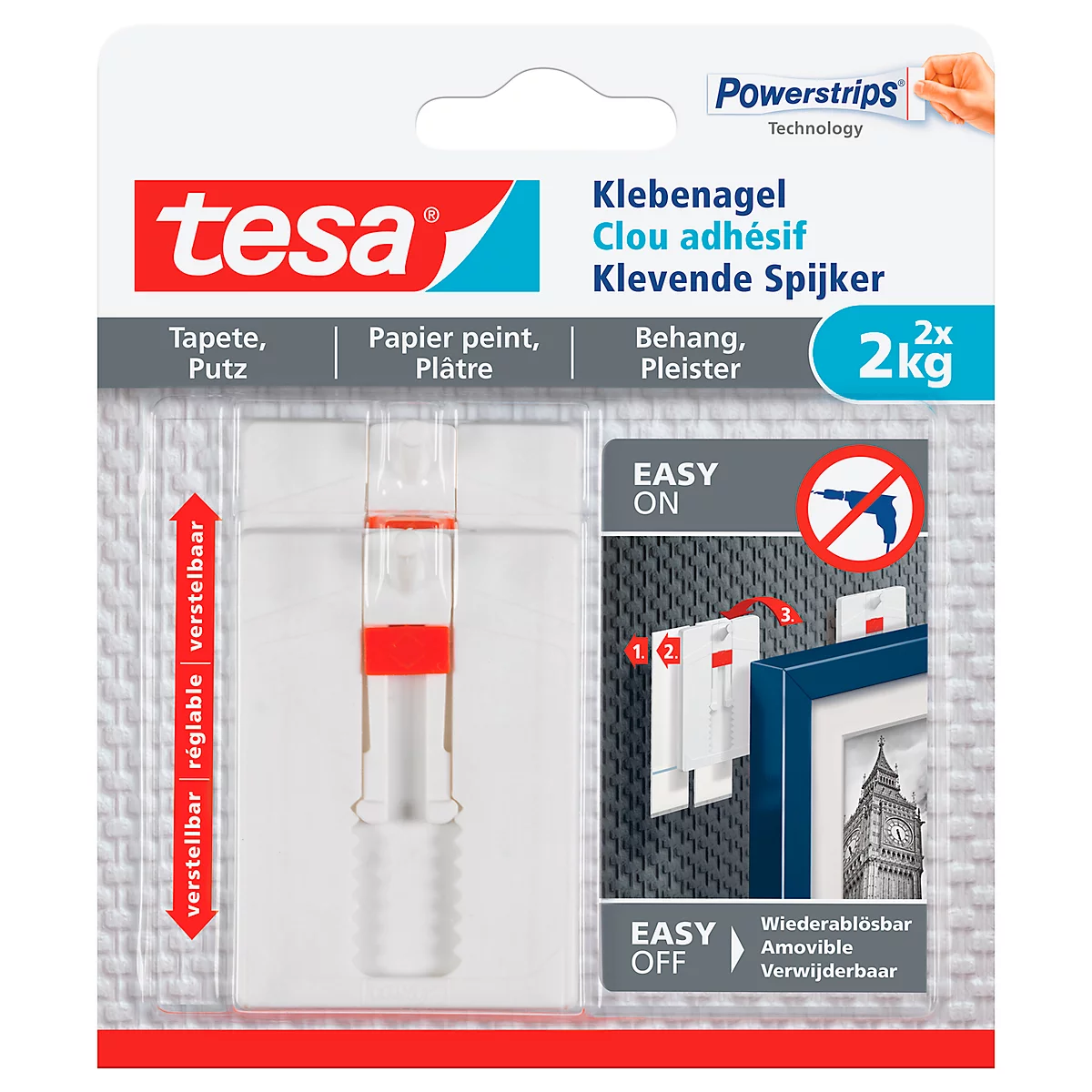 Klebenagel tesa®, für Tapete & Putz, Haftkraft bis 2 kg, höhenverstellbar, ablösbar, 2 Stück