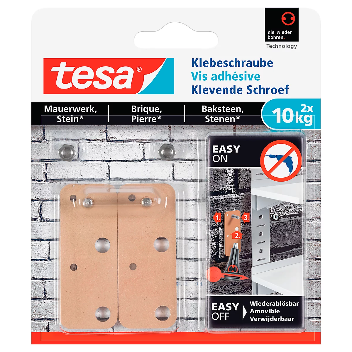 Klebeschraube tesa®, für Mauerwerk & Stein im Innen- & Aussenbereich, Haftkraft bis 10 kg, ablösbar, viereckig, 2 Stück