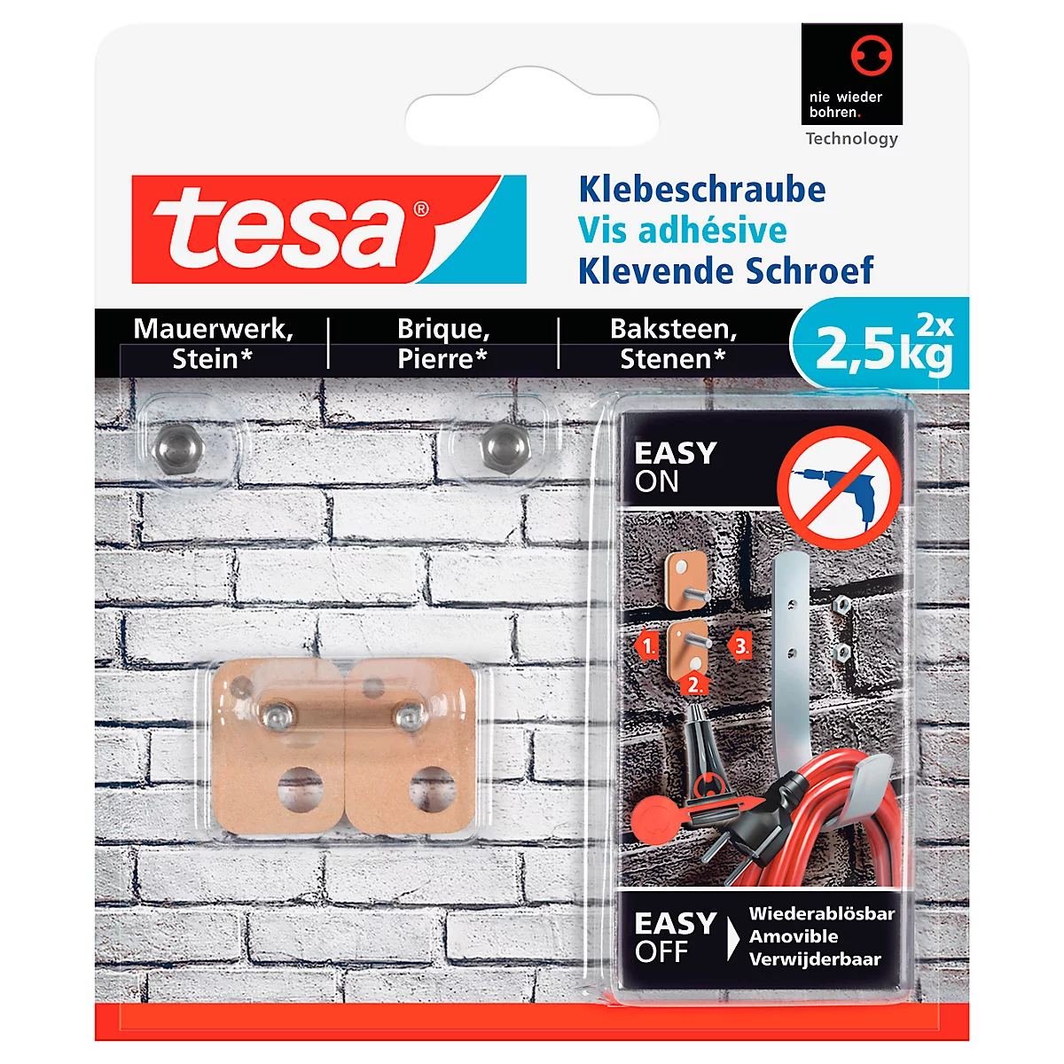 Klebeschraube tesa®, für Mauerwerk & Stein im Innen- & Aussenbereich, Haftkraft bis 2,5 kg, ablösbar, viereckig, 2 Stück
