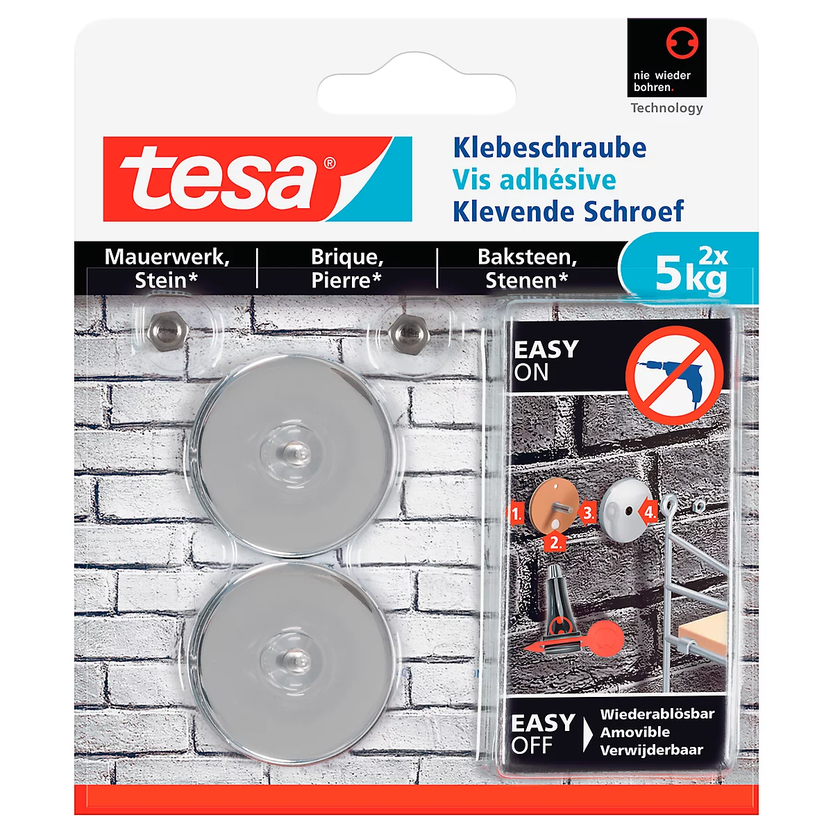Klebeschraube tesa®, für Mauerwerk & Stein im Innen- & Aussenbereich, Haftkraft bis 5 kg, ablösbar, rund, 2 Stück