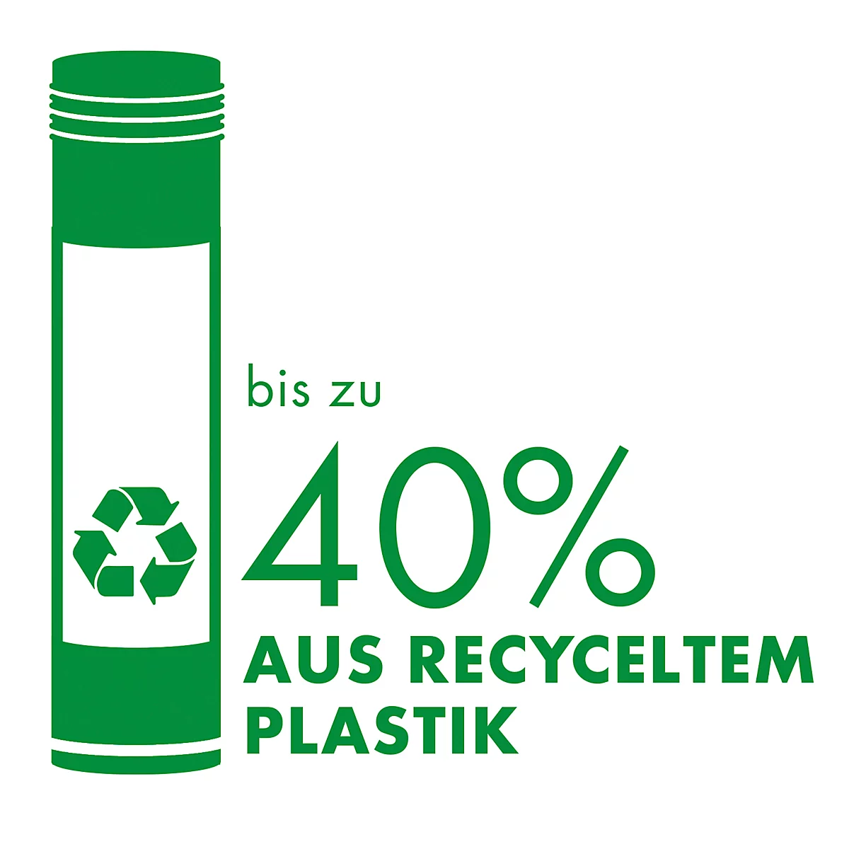 Grünes Logo mit Flasche, Recycling-Symbol, 40% aus recyceltem Plastik.