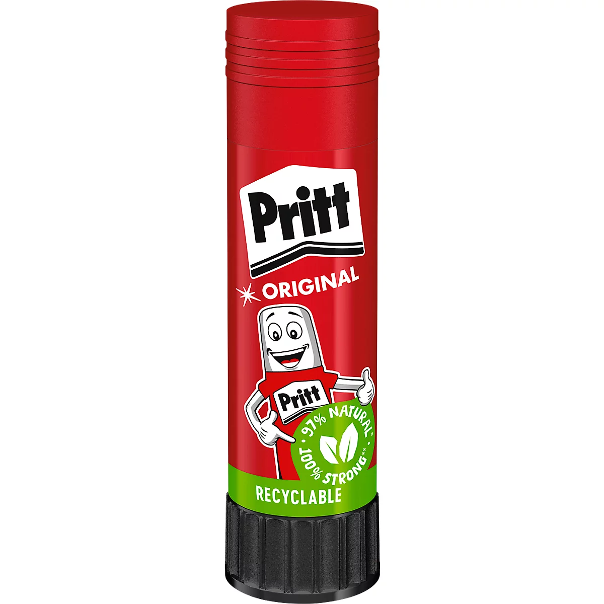 Roter Pritt Klebestift mit dem Pritt-Logo, Figur und Schriftzügen, grünem Kreis und schwarzem Boden.