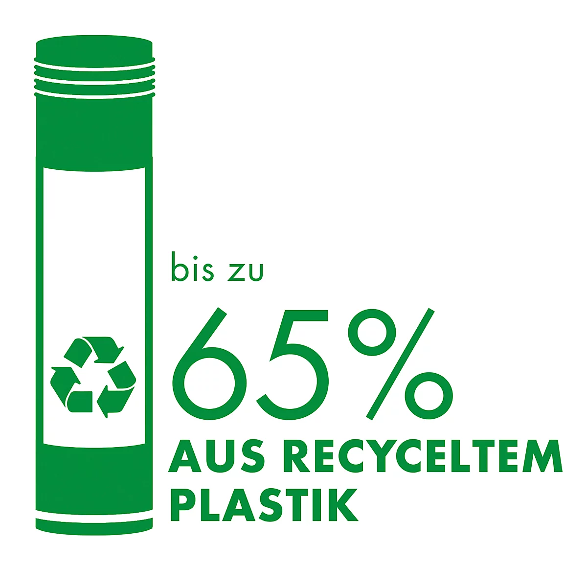 Grüner Aufkleber, recyceltes Plastik. Text: Bis zu 65 % aus recyceltem Plastik.