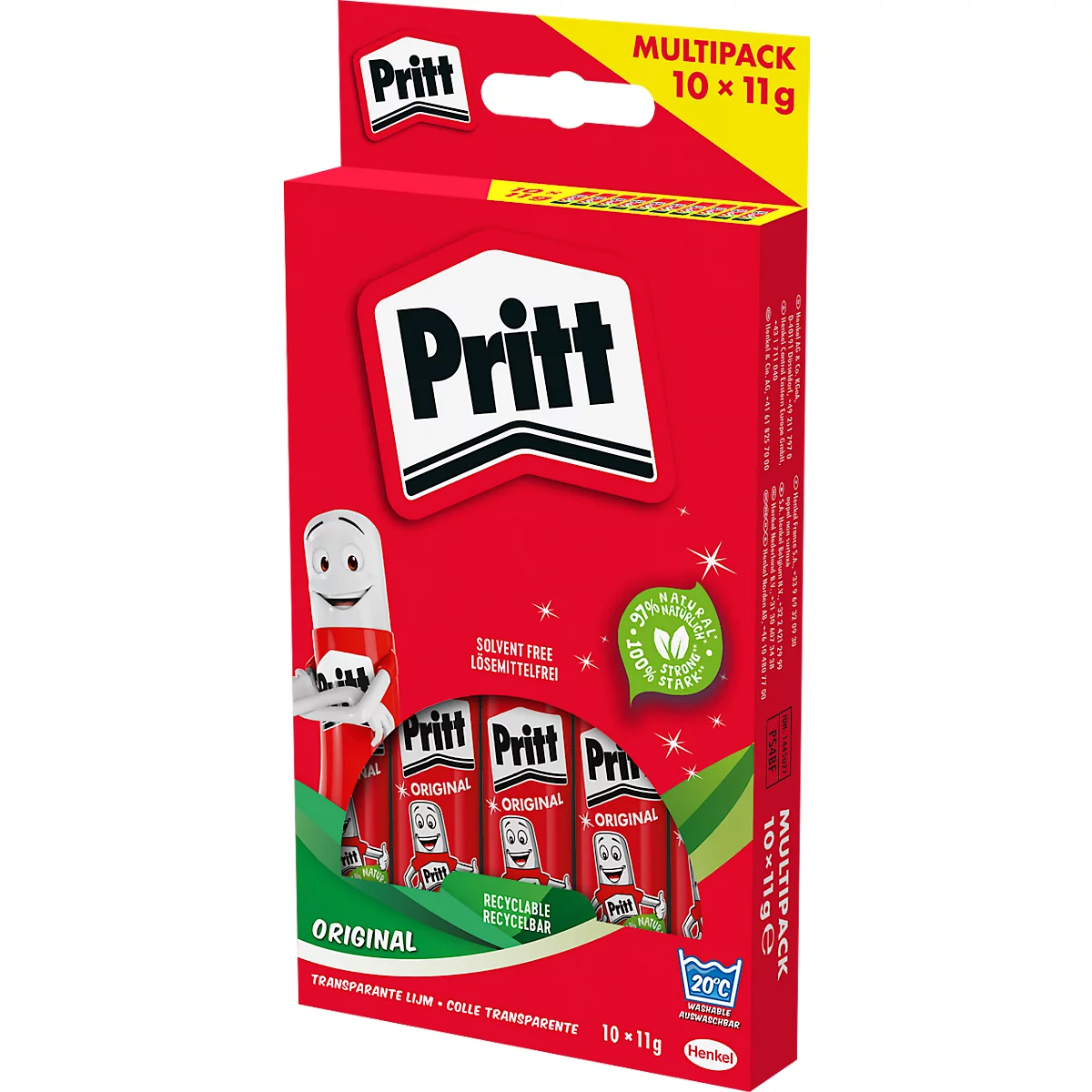 Eine Packung Pritt Klebestifte, rot, mit Schriftzug. Unten: Original, Klebestifte mit freundlichem Gesicht.