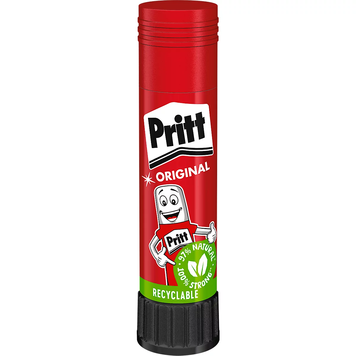 Ein roter Pritt-Klebestift mit Schriftzug. Auf dem Etikett sind ein lächelndes Maskottchen, die Aufschrift "Pritt Original" und weitere Informationen zu sehen.