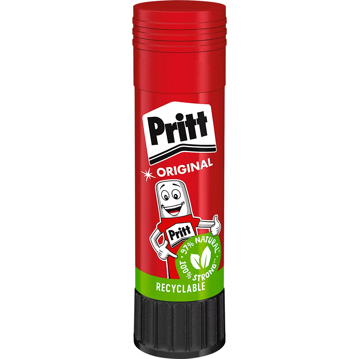 Ein roter Pritt-Klebestift mit weißem Deckel. Mit Pritt-Logo, Comic-Figur und grünen Logos.