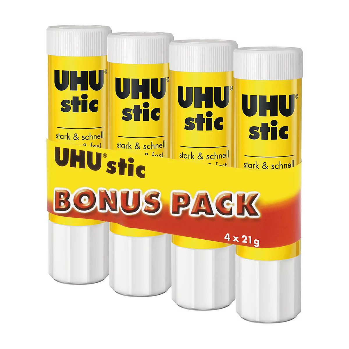 Vier UHU Stic Klebestifte, gelb mit weißem Deckel, in einer Bonus Packung. Aufdruck: UHU stic, Bonus Pack 4x21g.