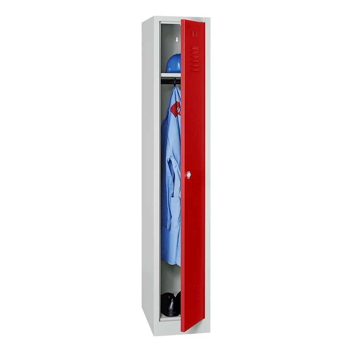 Kledinglocker, 1 deur, B 400 x H 1800 mm cilinderslot, lichtgrijs/rood