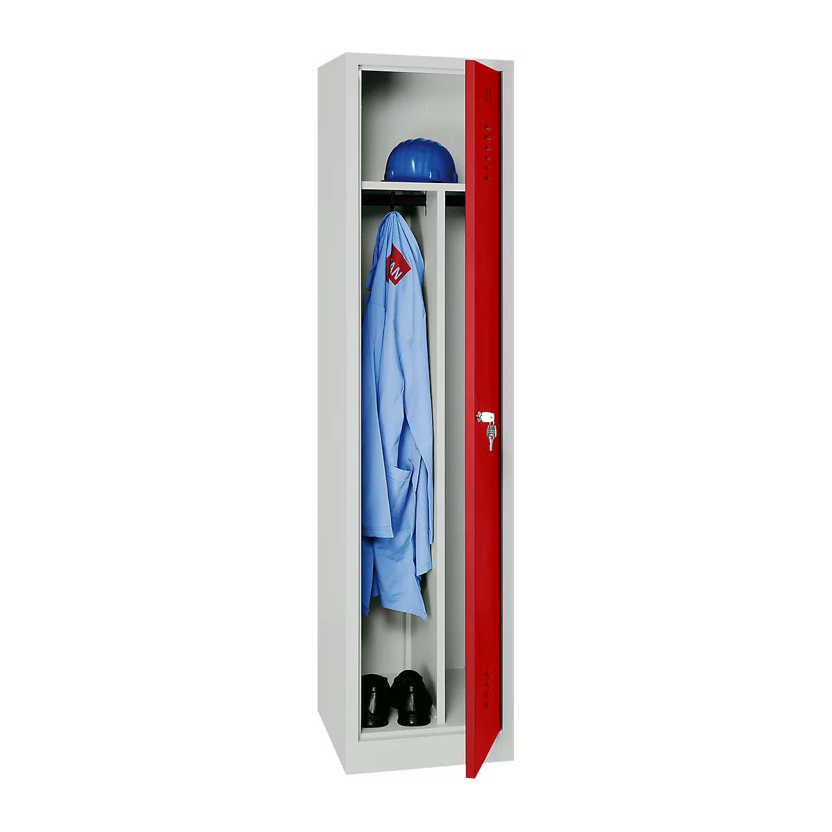 Kledinglocker, 1 deur, B 400 x H 1800 mm cilinderslot, lichtgrijs/rood
