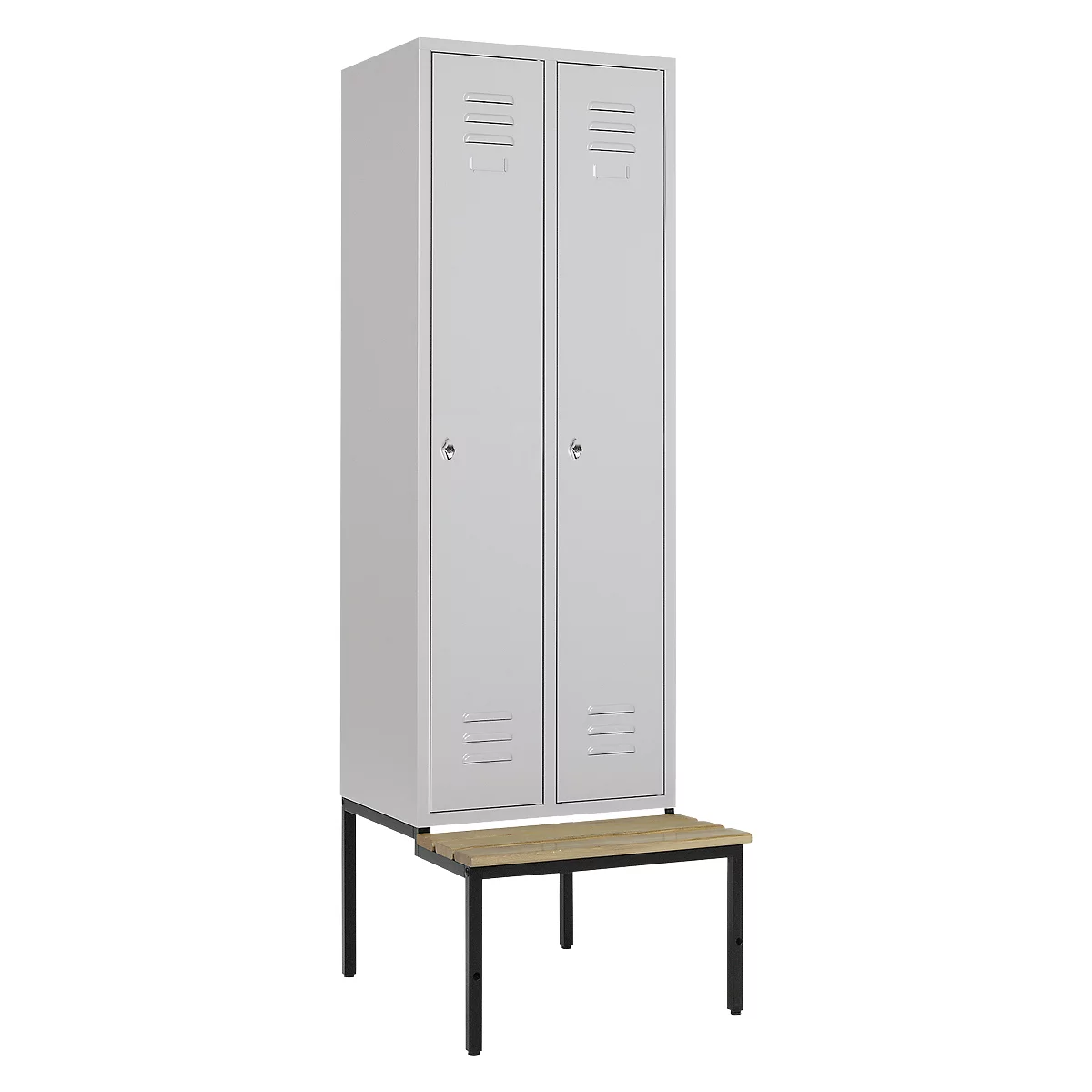 Kledinglocker, 2 compartimenten, 300 mm, draaigrendelslot, zitbank deur lichtgrijs
