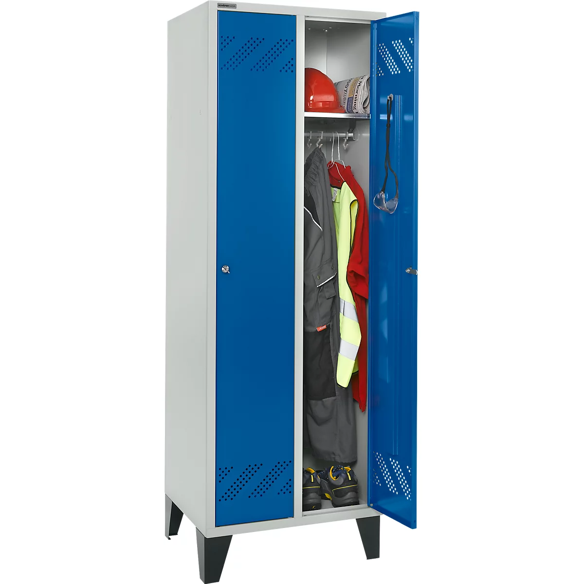 Kledinglocker - 2 compartimenten - B 630 x D 500 X H 1850 mm - met poten – met cilinderslot - lichtgrijs RAL 7035/gentiaanblauw RAL 5010 – ons merk Schäfer Shop Pure