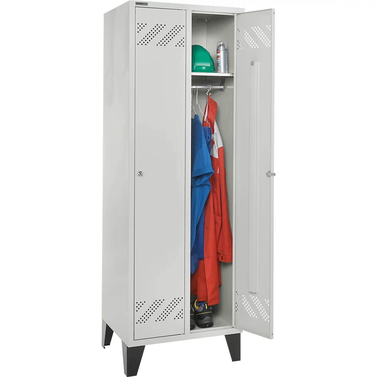 Kledinglocker - 2 compartimenten - B 630 x D 500 X H 1850 mm - met poten – met cilinderslot - lichtgrijs RAL 7035/ lichtgrijs RAL 7035 – ons merk Schäfer Shop Pure