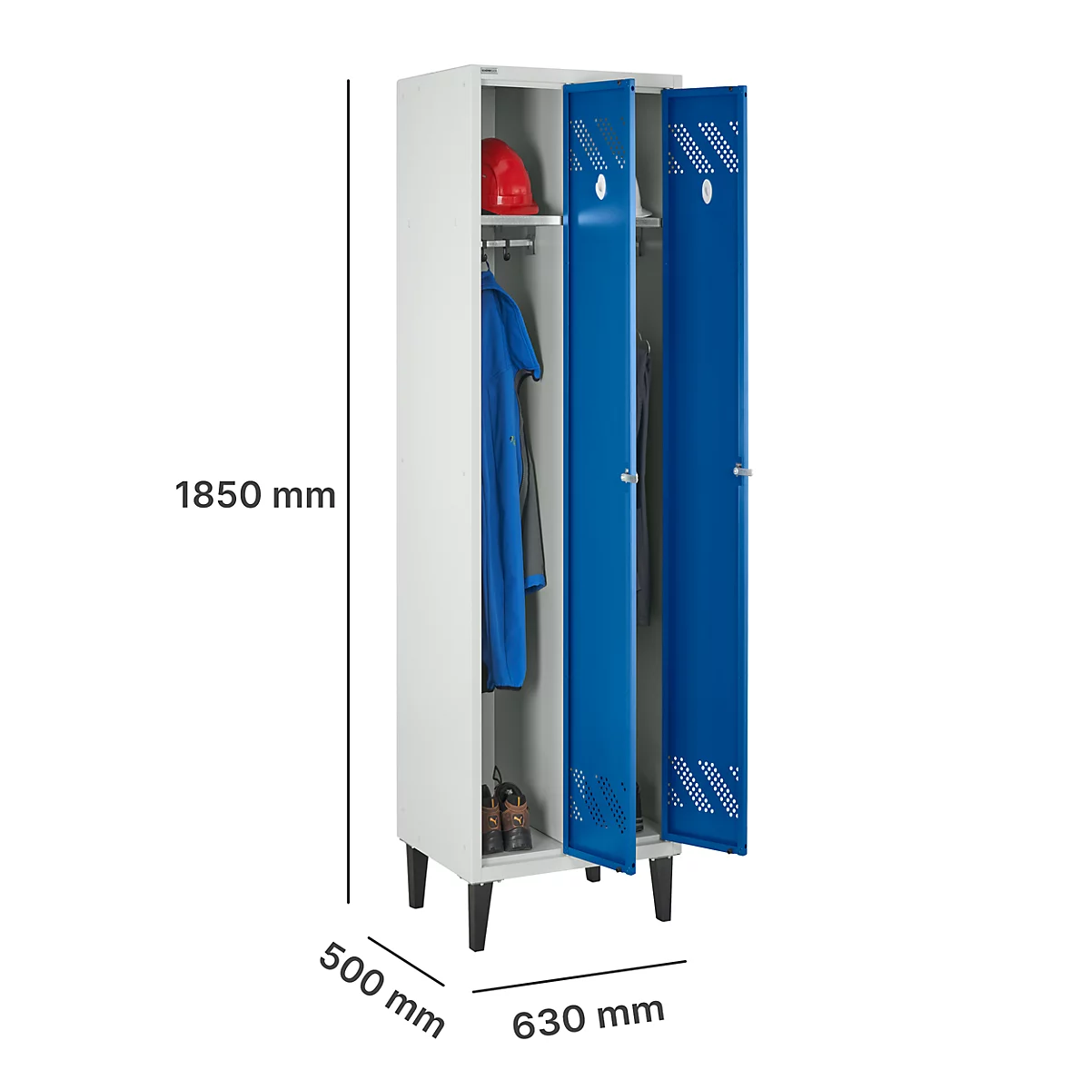 Kledinglocker - 2 compartimenten - B 630 x D 500 X H 1850 mm - met poten – met draaigrendelslot - lichtgrijs RAL 7035/gentiaanblauw RAL 5010 – ons merk Schäfer Shop Pure