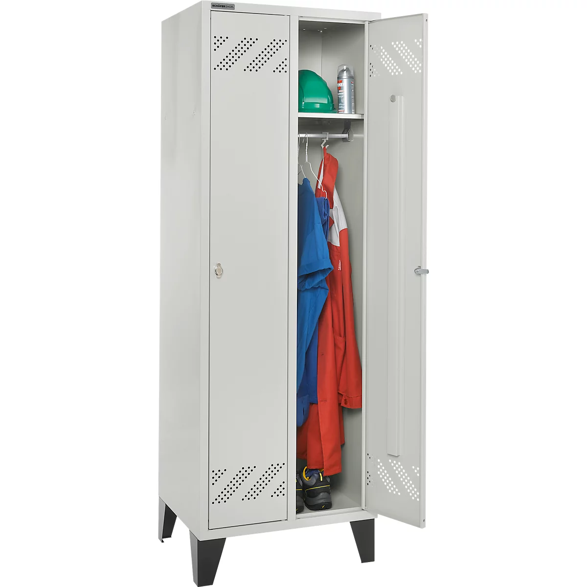 Kledinglocker - 2 compartimenten - B 630 x D 500 X H 1850 mm - met poten – met draaigrendelslot - lichtgrijs RAL 7035/lichtgrijs RAL 7035 – ons merk Schäfer Shop Pure