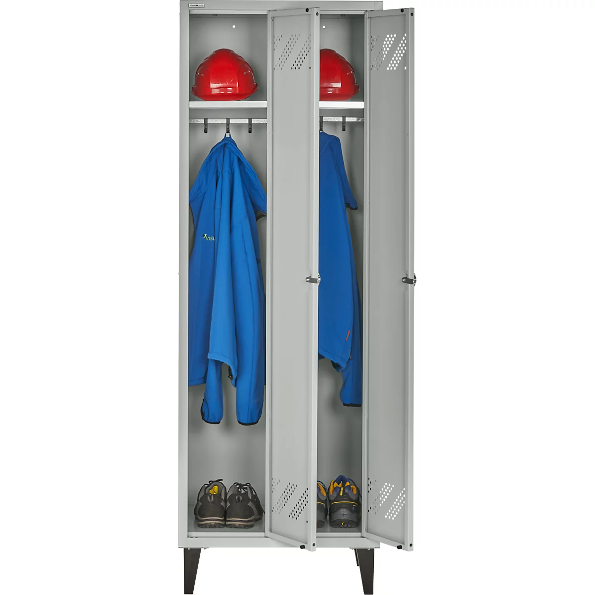 Kledinglocker - 2 compartimenten - B 630 x D 500 X H 1850 mm - met poten – met draaigrendelslot - lichtgrijs RAL 7035/lichtgrijs RAL 7035 – ons merk Schäfer Shop Pure