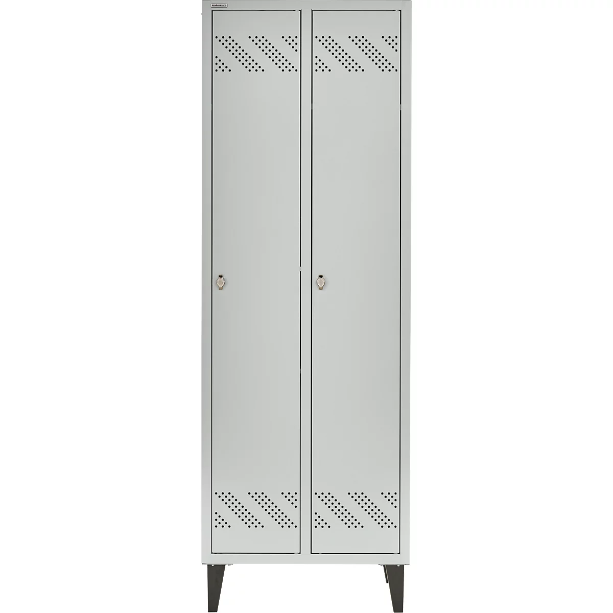Kledinglocker - 2 compartimenten - B 630 x D 500 X H 1850 mm - met poten – met draaigrendelslot - lichtgrijs RAL 7035/lichtgrijs RAL 7035 – ons merk Schäfer Shop Pure