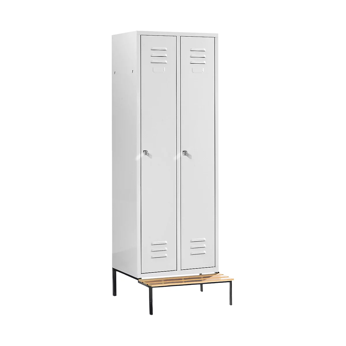 Kledinglocker, 2 compartimenten, cilinderslot, lichtgrijs/lichtgrijs met zitbank