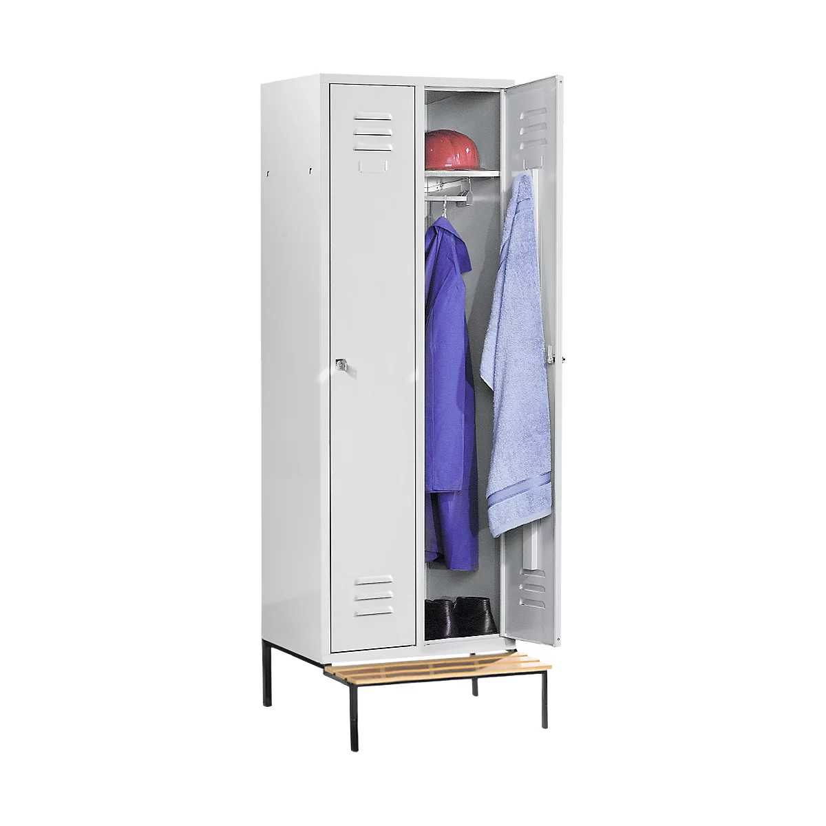 Kledinglocker, 2 compartimenten, cilinderslot, lichtgrijs/lichtgrijs met zitbank