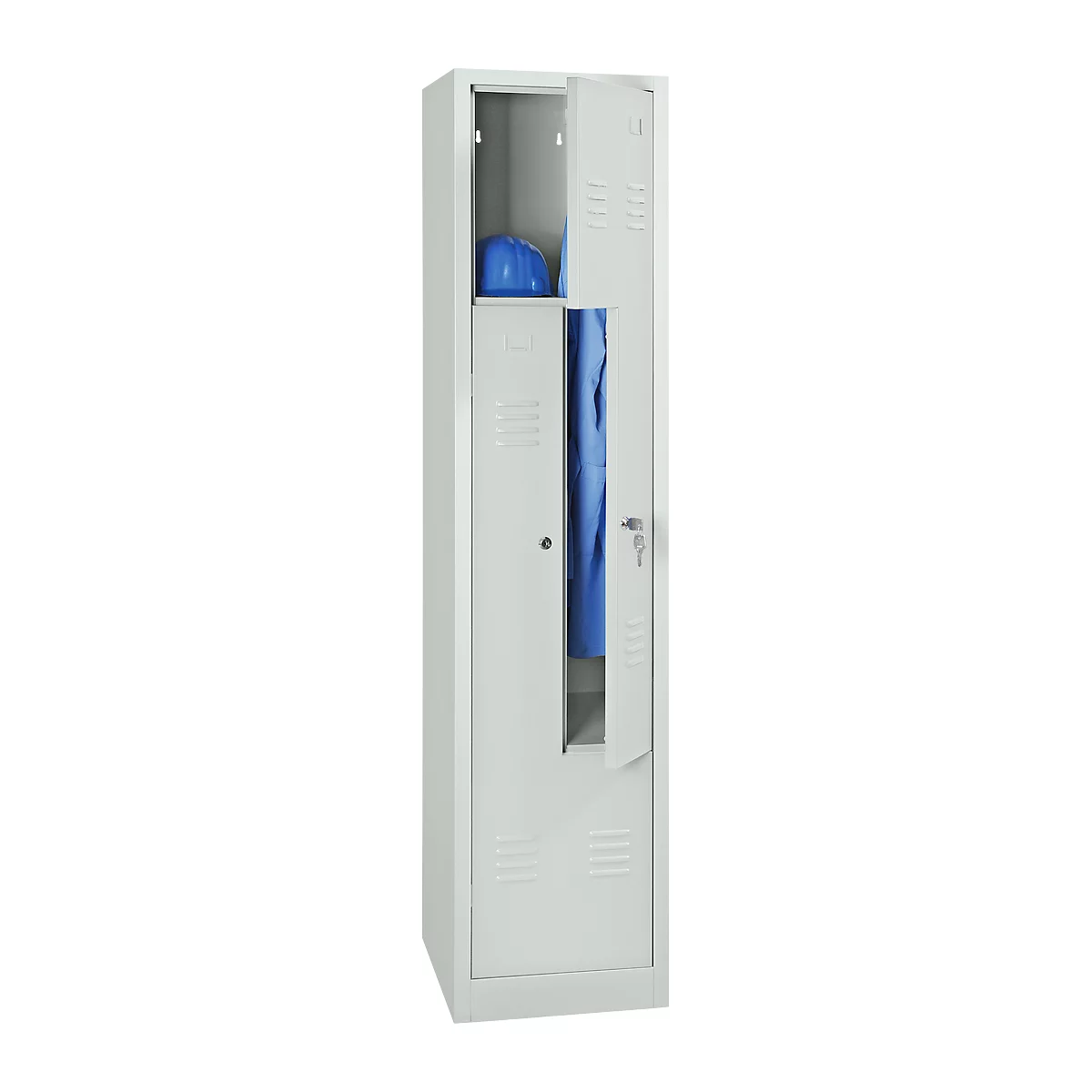 Kledinglocker, 2 compartimenten, met fitting, 2 vakken, z-deuren, cilinderslot, lichtgrijs/lichtgrijs