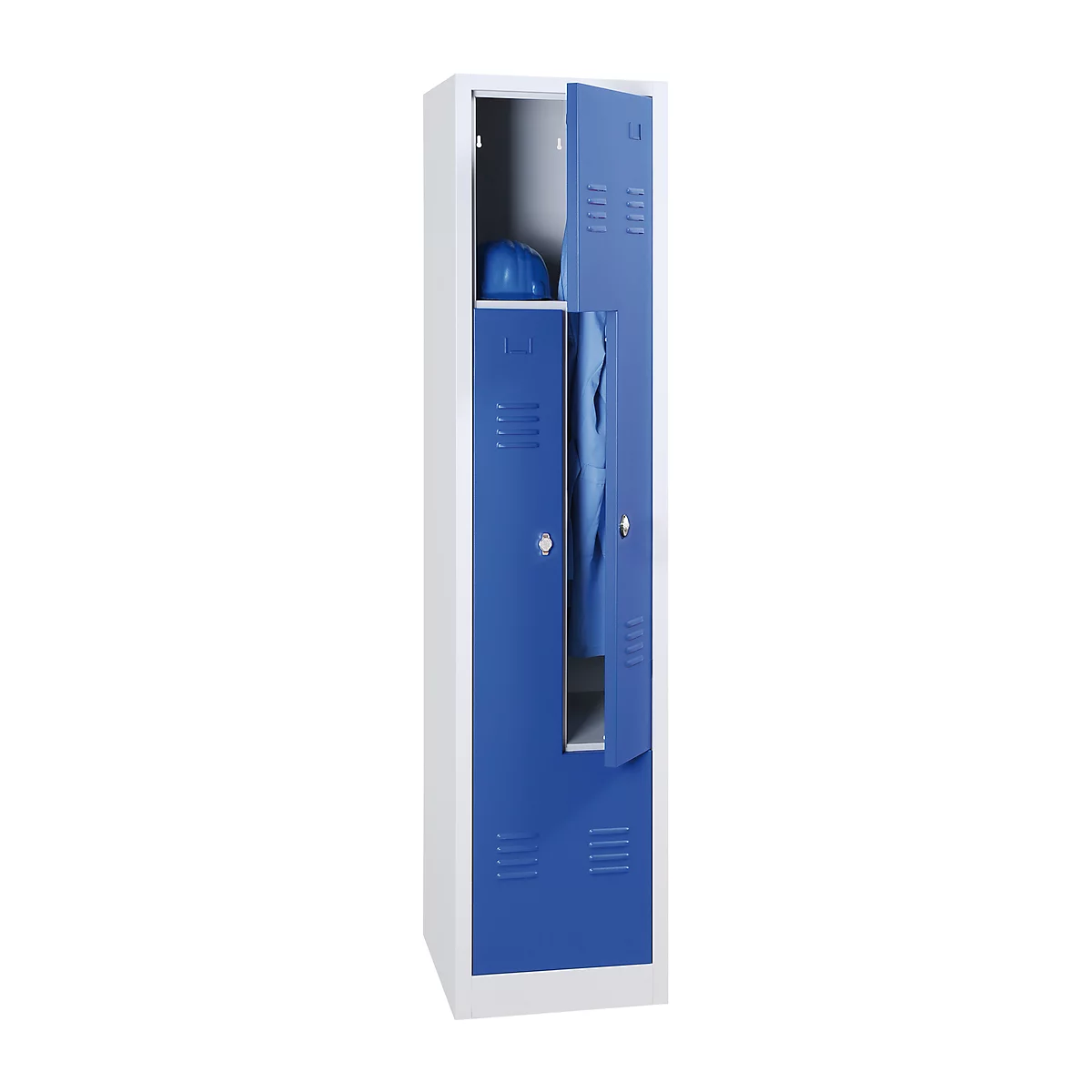 Kledinglocker, 2 compartimenten, met fitting, 2 vakken, z-deuren, Draaigrendelslot, lichtgrijs/gentiaanblauw