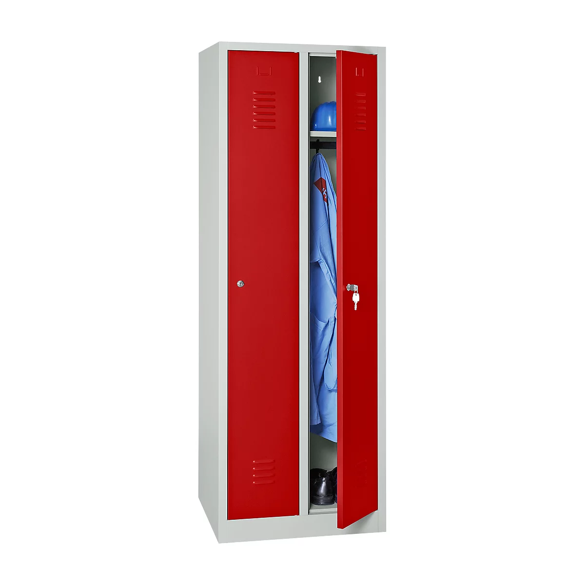 Kledinglocker, 2 deuren, B 800 x H 1800 mm cilinderslot, lichtgrijs/rood