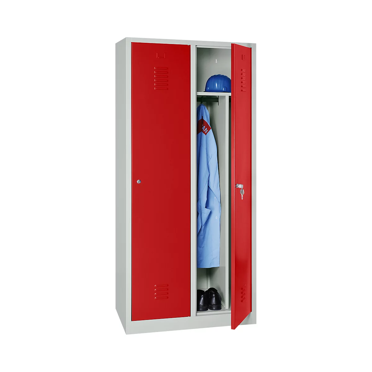 Kledinglocker, 2 deuren, B 800 x H 1800 mm cilinderslot, lichtgrijs/vuurrood