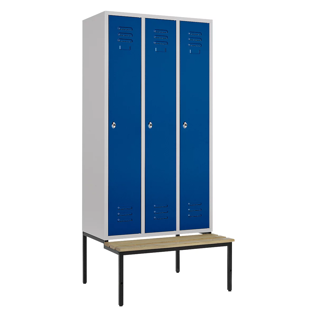 Kledinglocker, 3 compartimenten, 300 mm, draaigrendelslot, zitbank deur gentiaanblauw