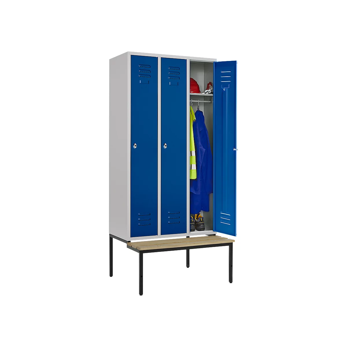 Kledinglocker, 3 compartimenten, 300 mm, draaigrendelslot, zitbank deur gentiaanblauw