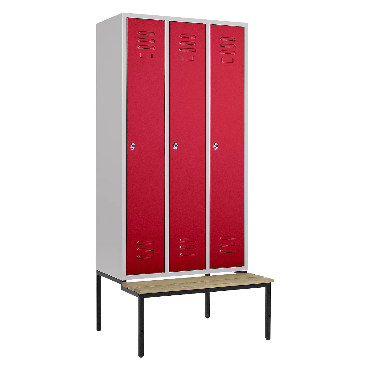 Kledinglocker, 3 compartimenten, 300 mm, draaigrendelslot, zitbank Deur robijnrood