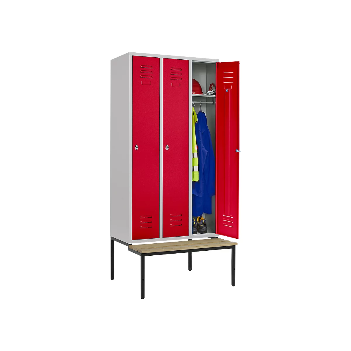 Kledinglocker, 3 compartimenten, 300 mm, draaigrendelslot, zitbank Deur robijnrood