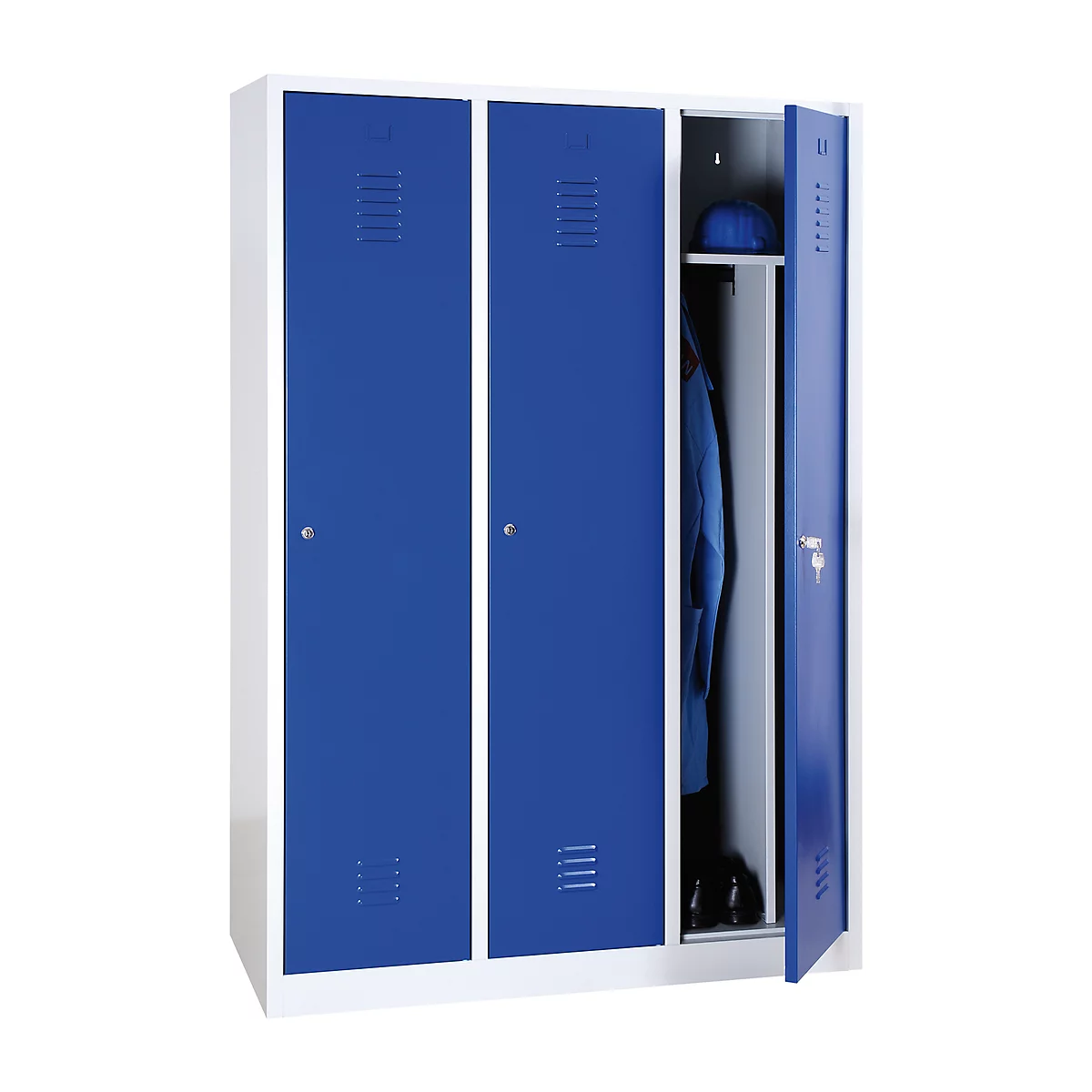 Kledinglocker, 3 deuren, B 1200 x H 1800 mm cilinderslot, lichtgrijs/blauw