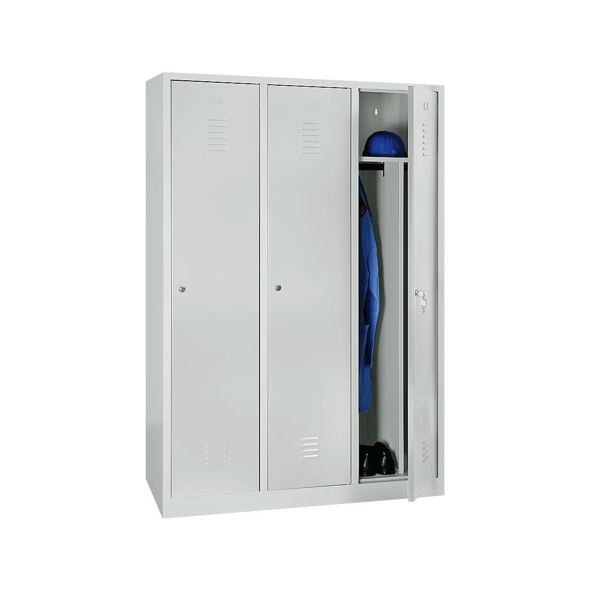 Kledinglocker, 3 deuren, B 1200 x H 1800 mm cilinderslot, lichtgrijs