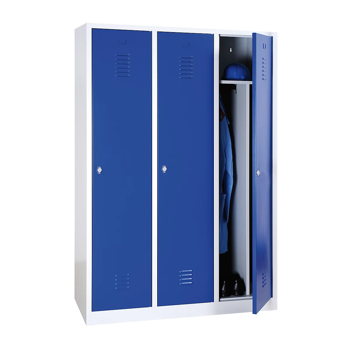Kledinglocker, 3 deuren, B 1200 x H 1800 mm draaigrendelslot, lichtgrijs/blauw