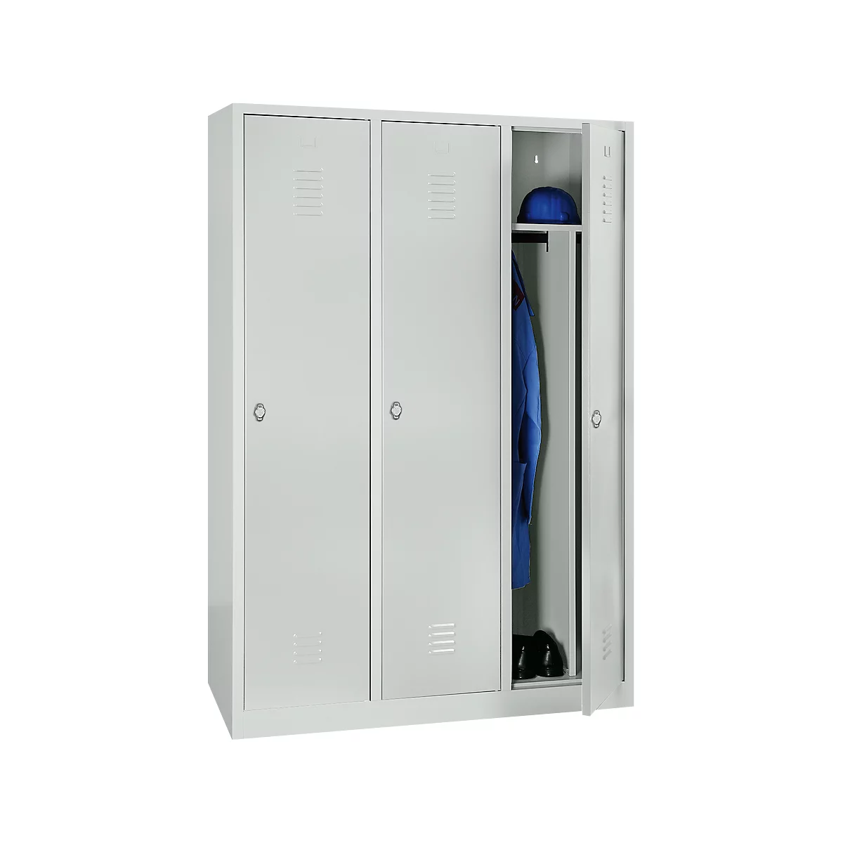 Kledinglocker, 3 deuren, B 1200 x H 1800 mm draaigrendelslot, lichtgrijs