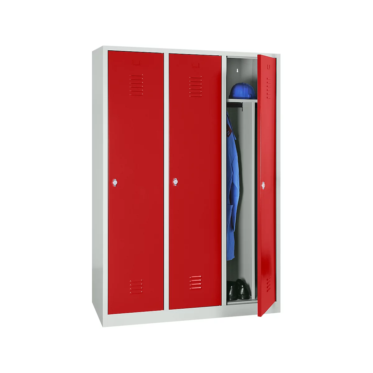 Kledinglocker, 3 deuren, B 1200 x H 1800 mm draaigrendelslot, lichtgrijs/rood