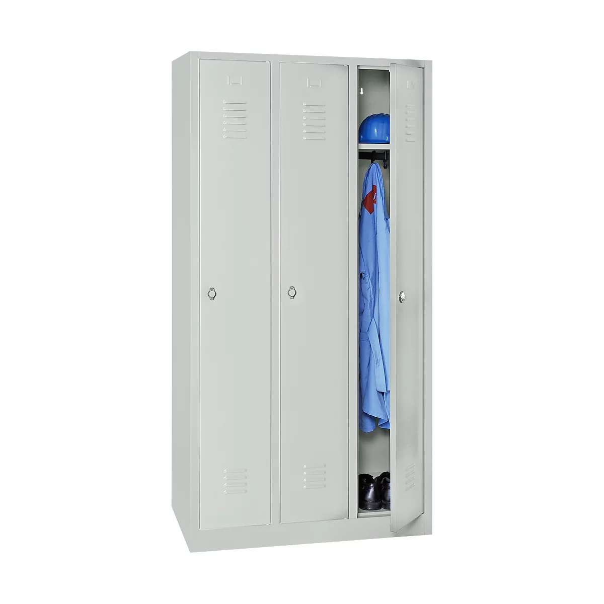 Kledinglocker, 3 deuren, B 900 x H 1800 mm draaigrendelslot, lichtgrijs