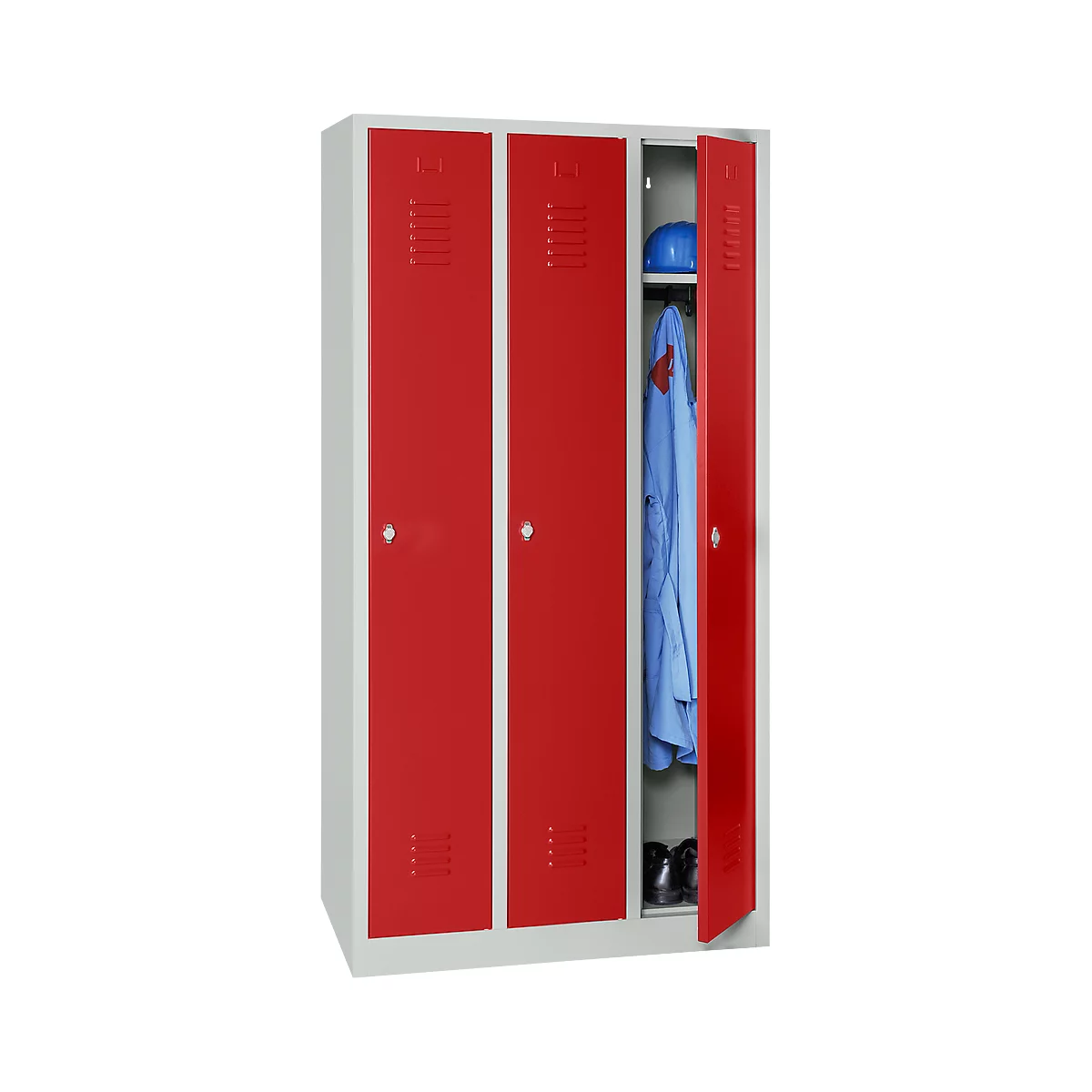 Kledinglocker, 3 deuren, B 900 x H 1800 mm draaigrendelslot, lichtgrijs/rood