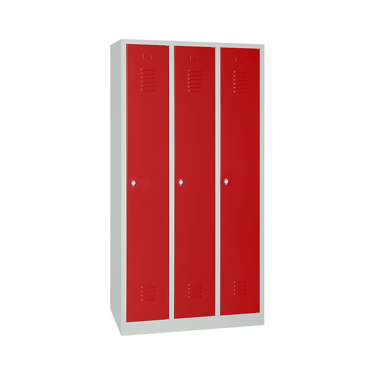 Kledinglocker, 3 deuren, B 900 x H 1800 mm draaigrendelslot, lichtgrijs/rood