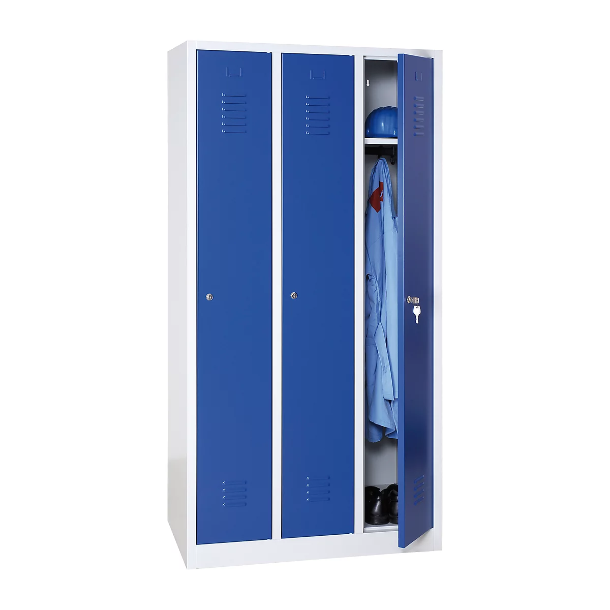 Kledinglocker, 3 deuren, cilinderslot, B 1118 x H 1800 mm lichtgrijs/blauw