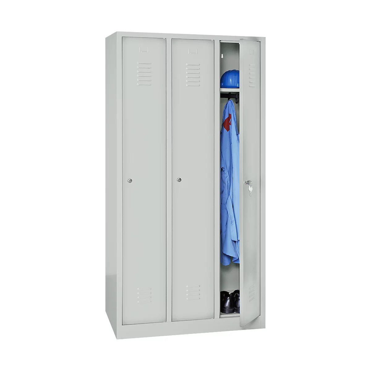 Kledinglocker, 3 deuren, cilinderslot, B 1118 x H 1800 mm lichtgrijs