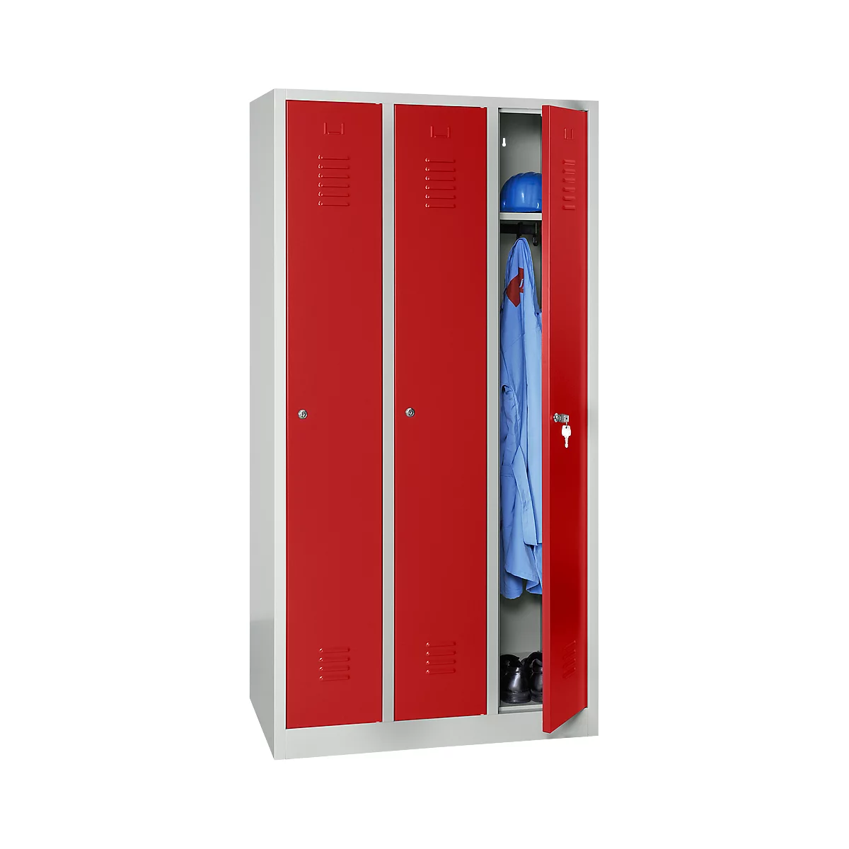 Kledinglocker, 3 deuren, cilinderslot, B 1118 x H 1800 mm lichtgrijs/rood