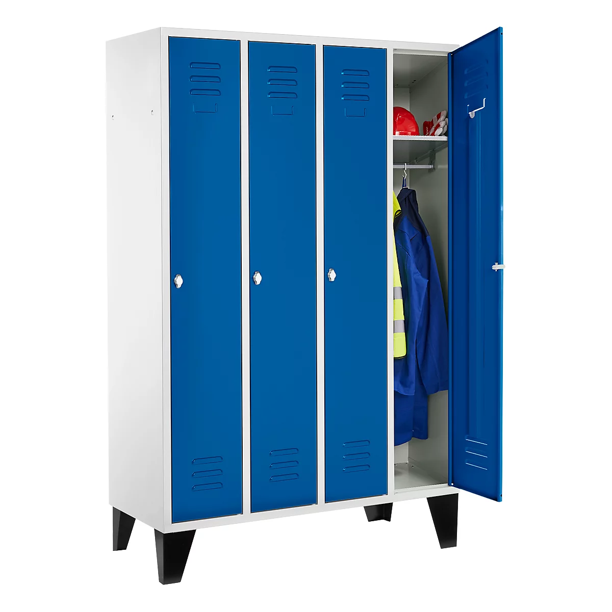 Kledinglocker, 4 compartimenten 300 mm, draaigrendelslot, met poten, deur gentiaanblauw