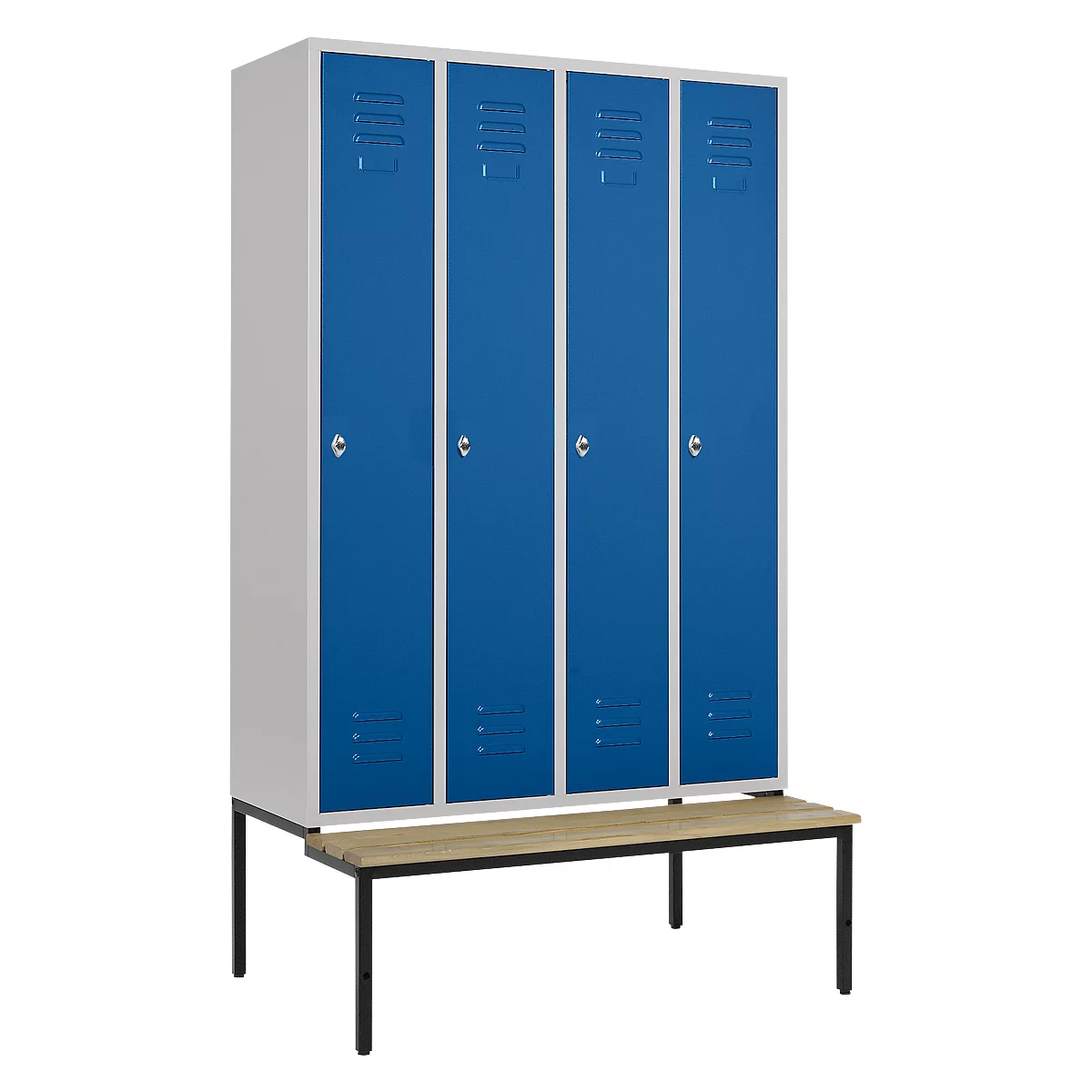 Kledinglocker, 4 compartimenten, 300 mm, draaigrendelslot, zitbank deur gentiaanblauw