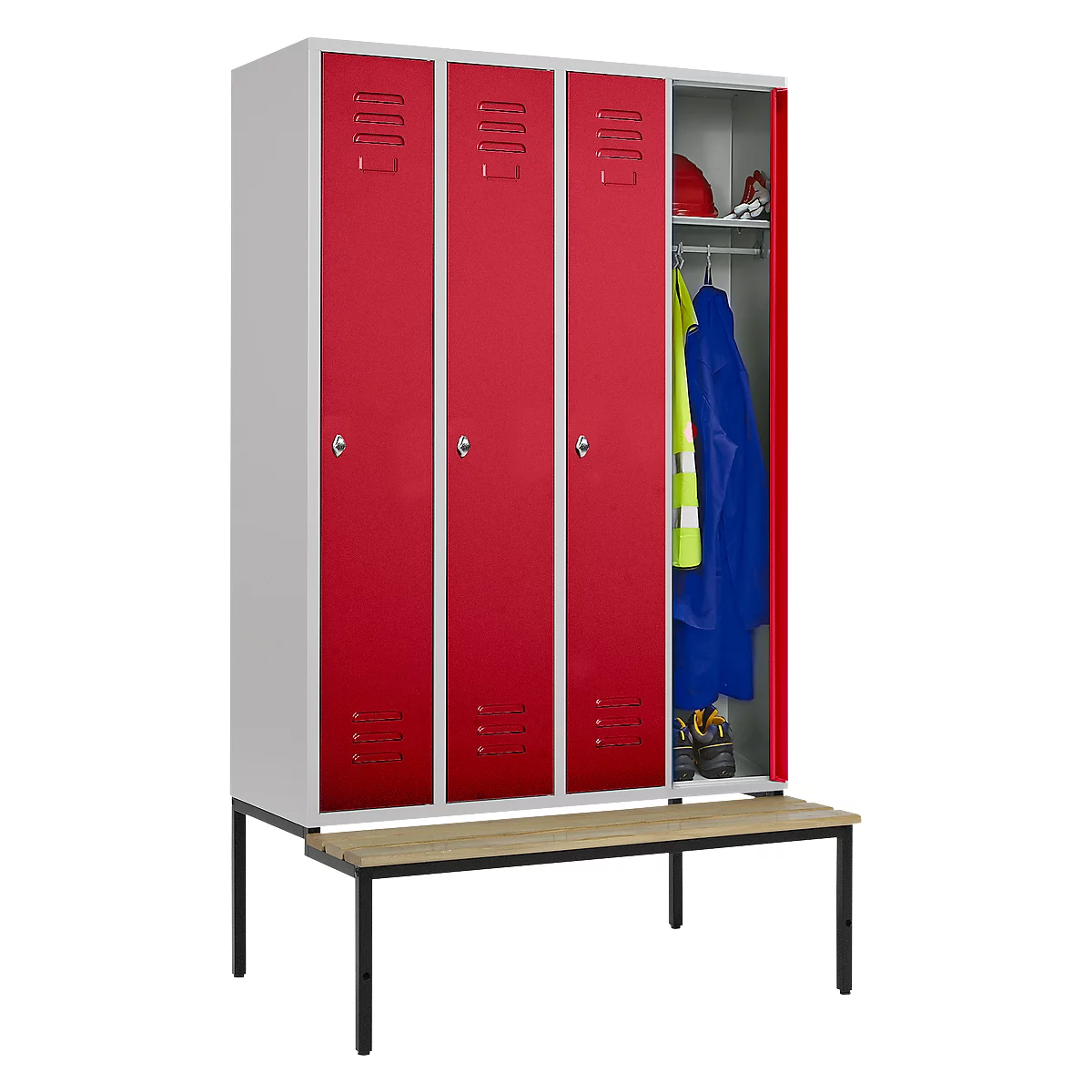 Kledinglocker, 4 compartimenten, 300 mm, draaigrendelslot, zitbank Deur robijnrood