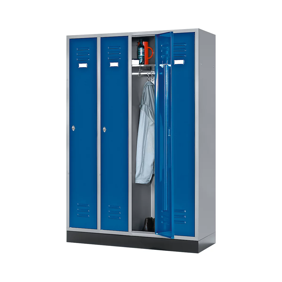 Kledinglocker, 4 compartimenten, fitting, draaigrendelslot, 84 kg blauw/lichtzilver