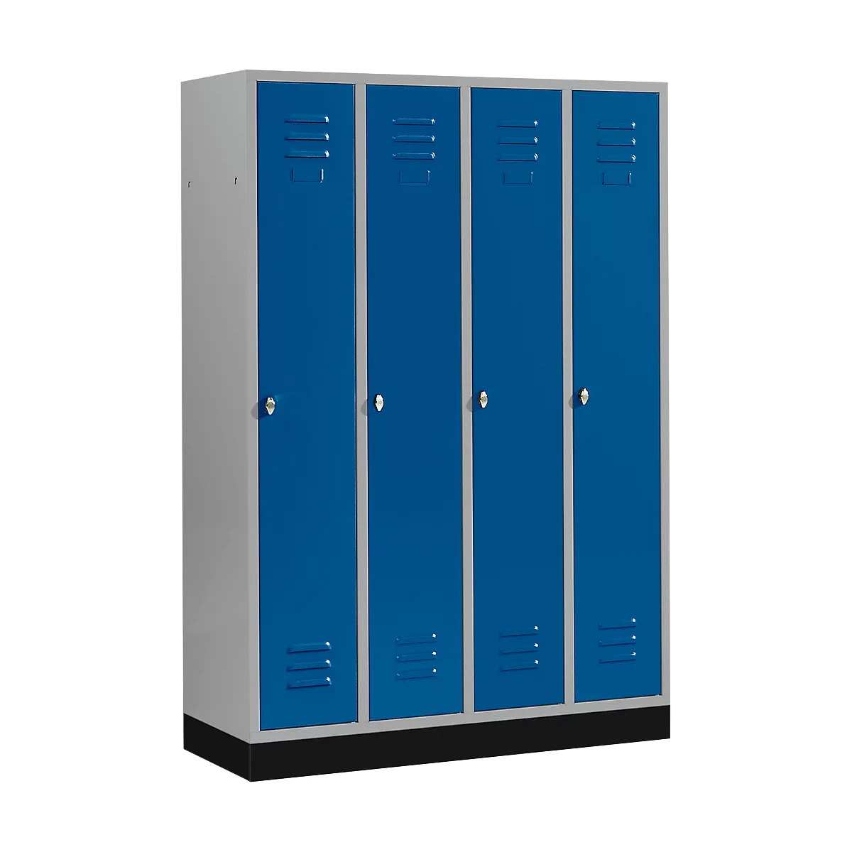 Kledinglocker, 4 compartimenten, fitting, draaigrendelslot, 84 kg blauw/lichtzilver