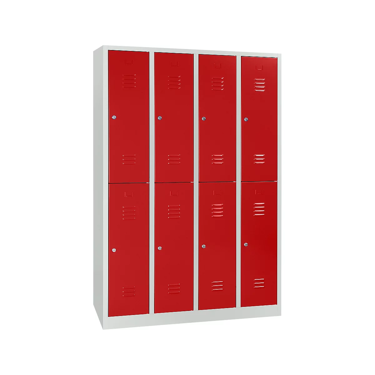 Kledinglocker, 4 compartimenten in twee rijen, B 1170 x H 1950 mm cilinderslot, lichtgrijs/vuurrood