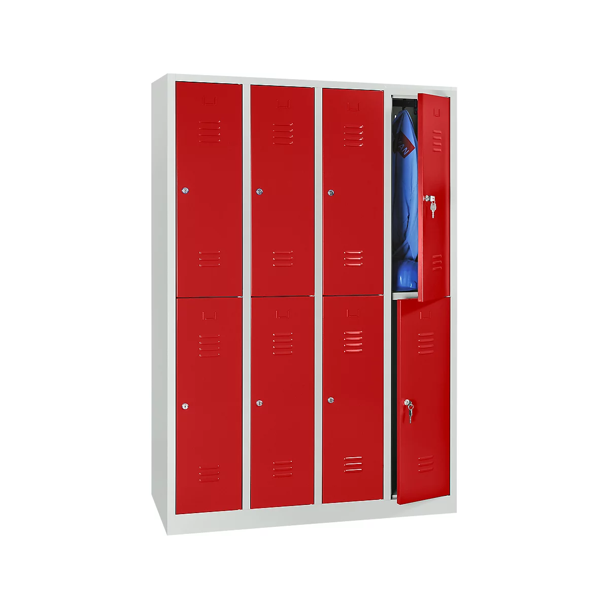 Kledinglocker, 4 compartimenten in twee rijen, B 1170 x H 1950 mm cilinderslot, lichtgrijs/vuurrood